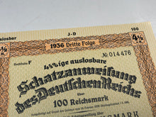 Load image into Gallery viewer, Original WW2 German Government Treasury Loan Bill 100 Reichmarks
