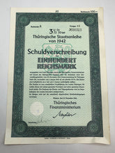 Lade das Bild in den Galerie-Viewer, Original WW2 German Government Treasury Loan Bill 100 Reichmarks
