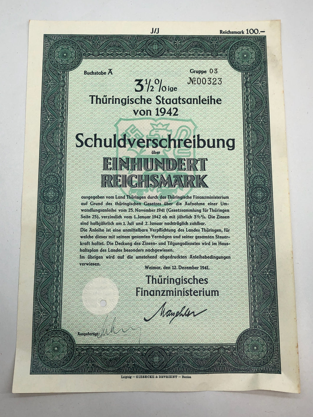 Original WW2 German Government Treasury Loan Bill 100 Reichmarks