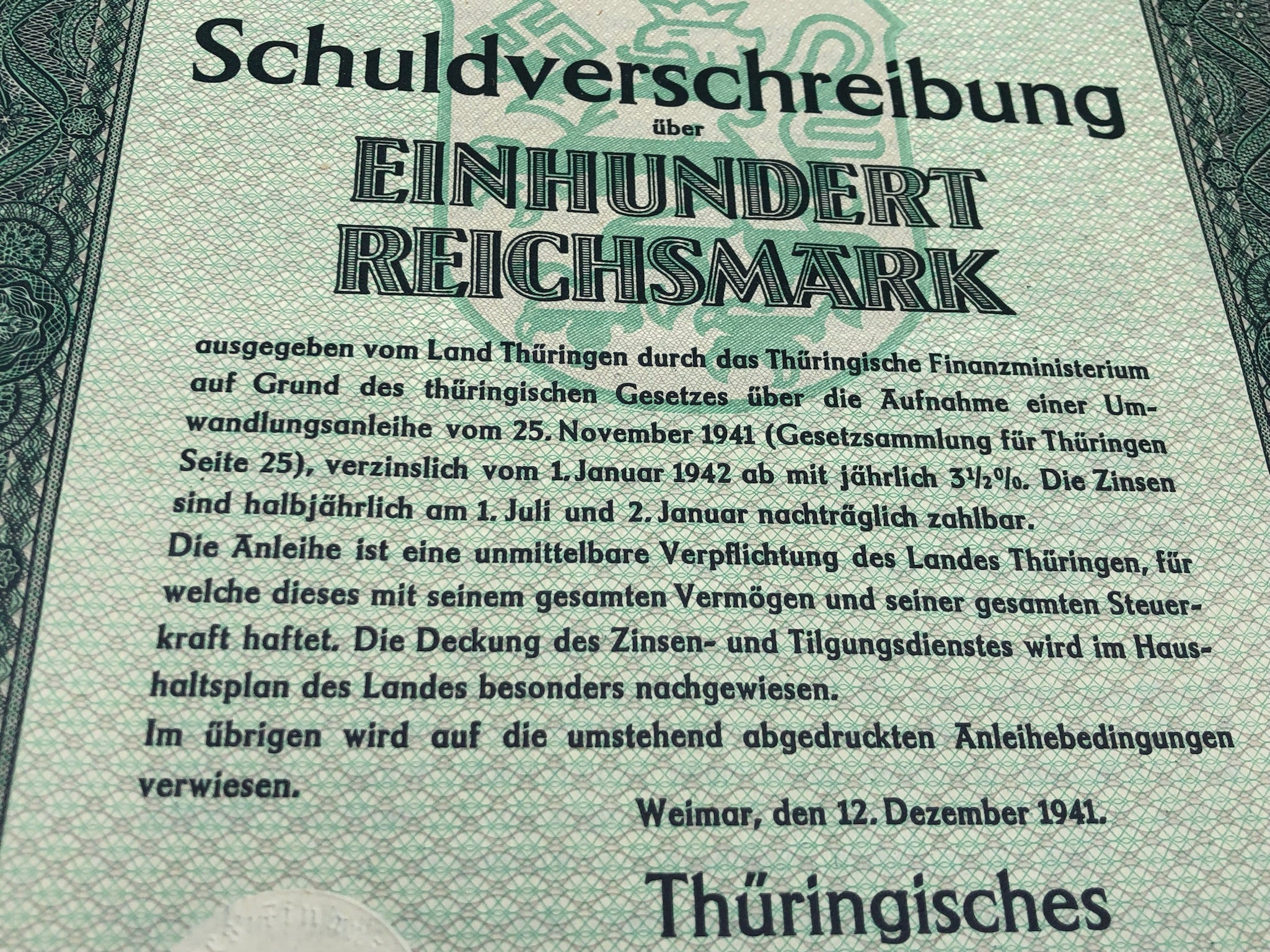 Original WW2 German Government Treasury Loan Bill 100 Reichmarks - The Militaria Shop