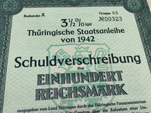 Lade das Bild in den Galerie-Viewer, Original WW2 German Government Treasury Loan Bill 100 Reichmarks
