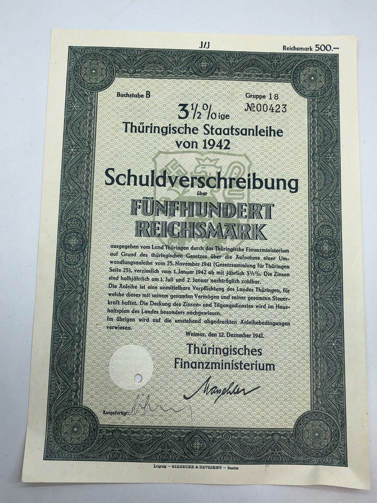 Original WW2 German Government Treasury Loan Bill 500 Reichmarks - The Militaria Shop