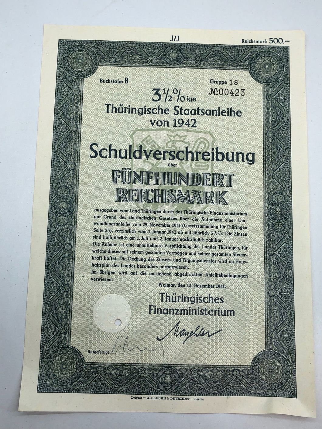 Original WW2 German Government Treasury Loan Bill 500 Reichmarks