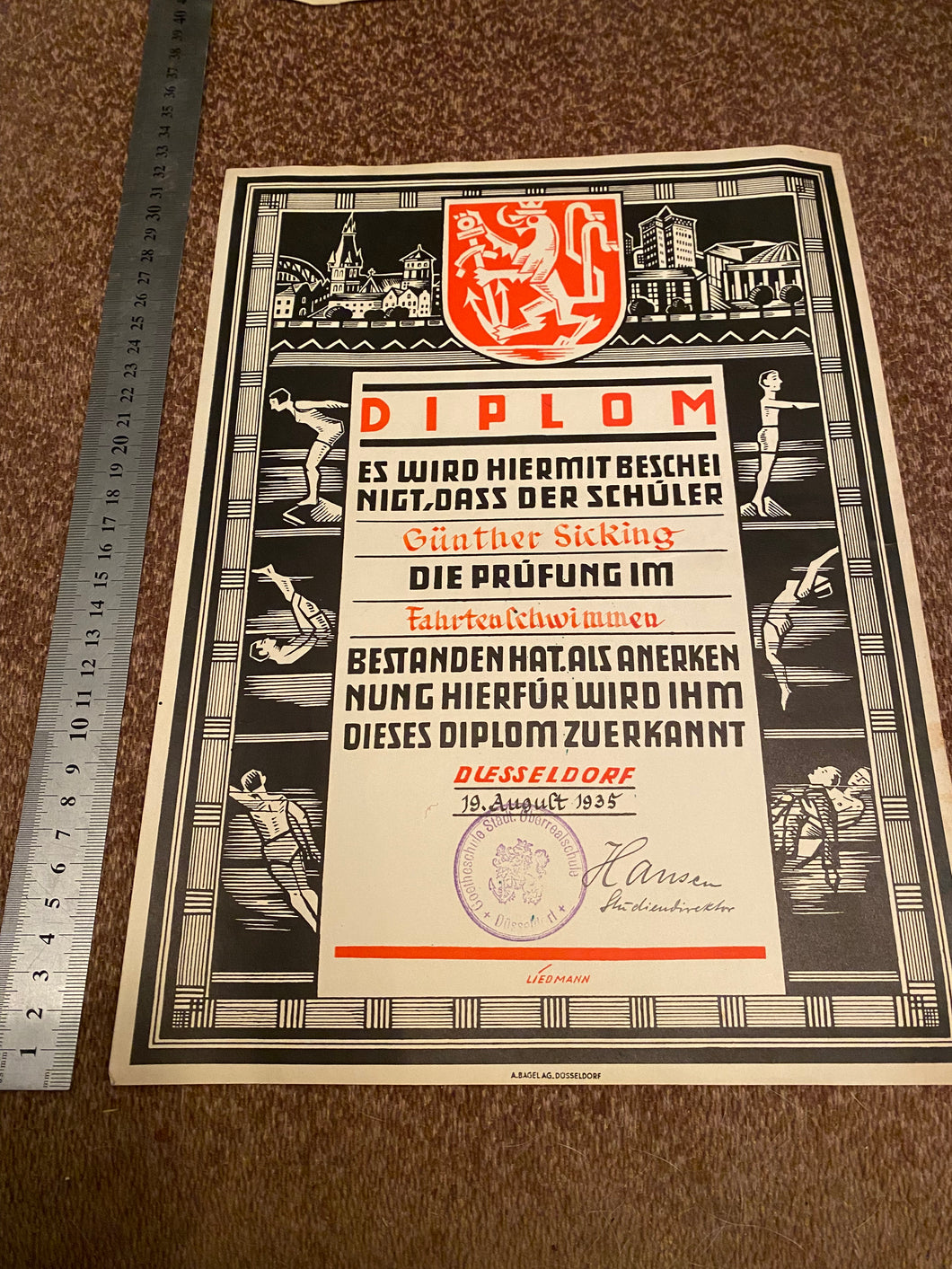 1935 Dated German Swimming Diploma  - Great Display Item.