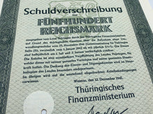 Lade das Bild in den Galerie-Viewer, Original WW2 German Government Treasury Loan Bill 500 Reichmarks
