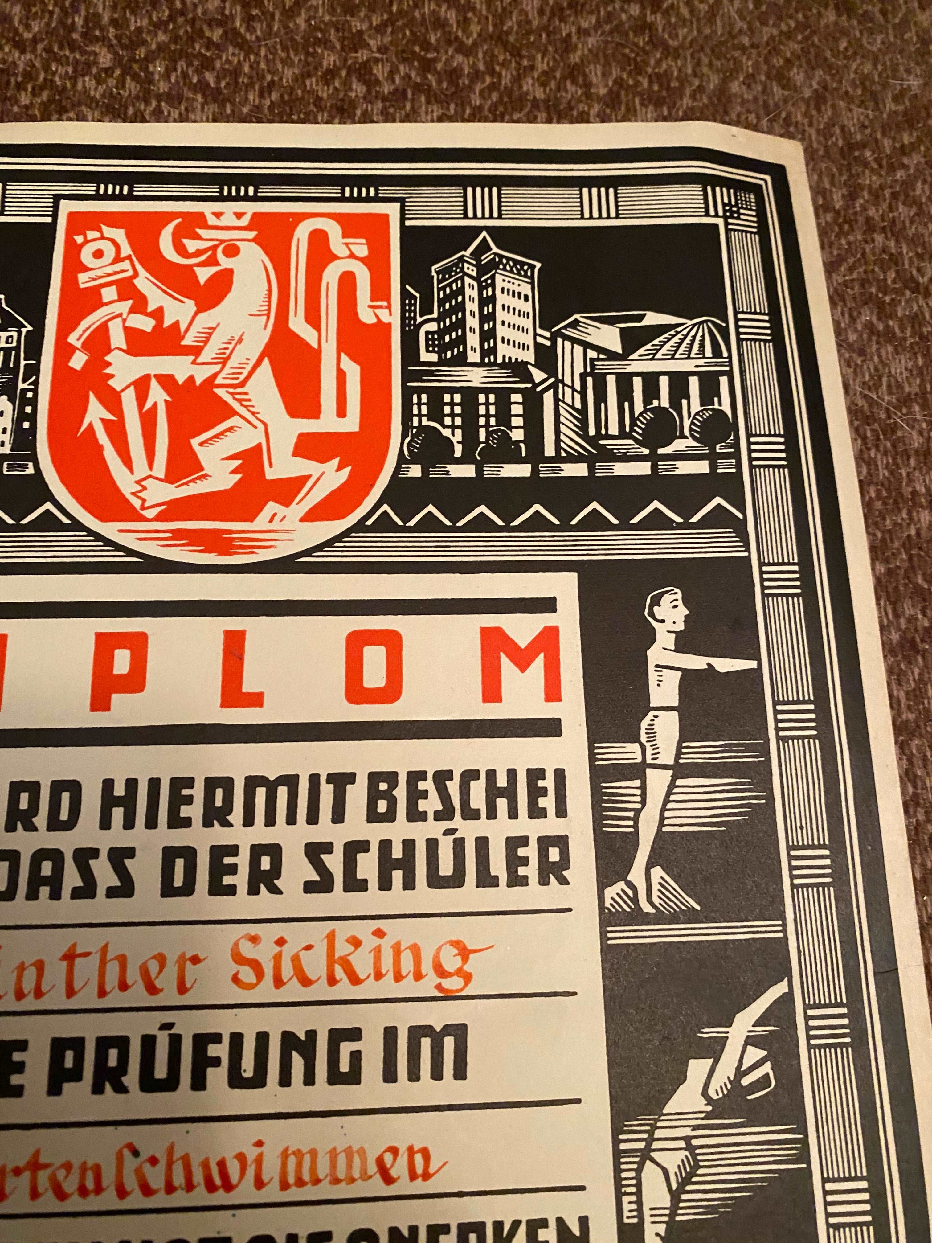 1935 Dated German Swimming Diploma  - Great Display Item. - The Militaria Shop