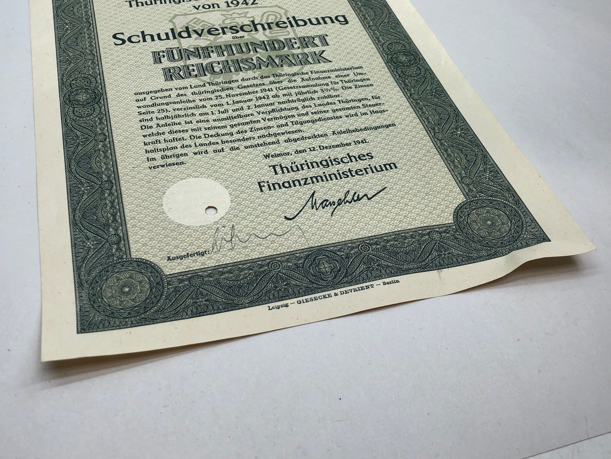 Original WW2 German Government Treasury Loan Bill 500 Reichmarks - The Militaria Shop