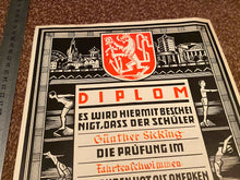 Charger l&#39;image dans la galerie, 1935 Dated German Swimming Diploma  - Great Display Item.
