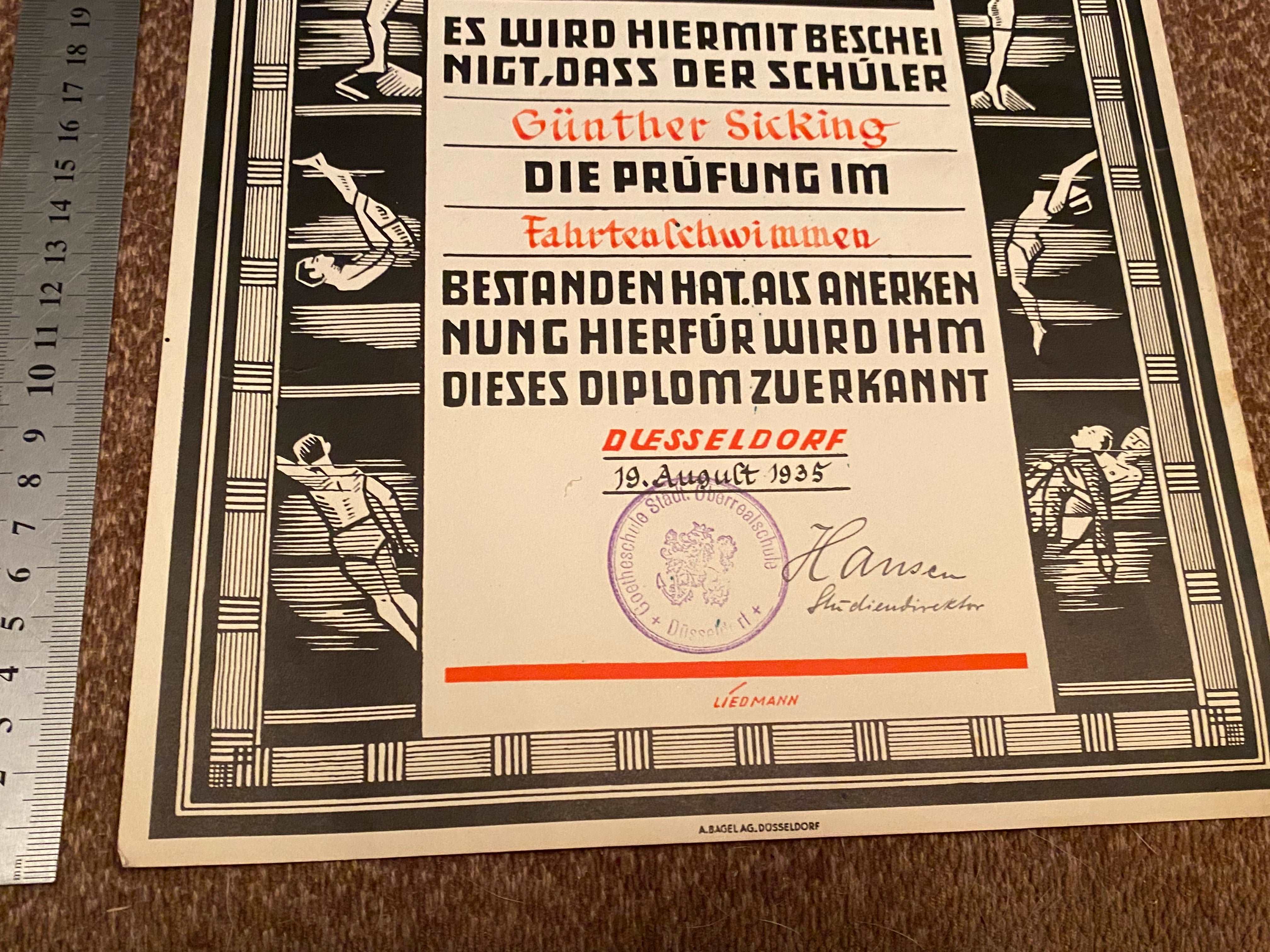 1935 Dated German Swimming Diploma  - Great Display Item. - The Militaria Shop