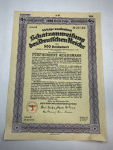 Load image into Gallery viewer, Original WW2 German Government Treasury Loan Bill 500 Reichmarks
