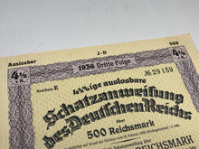 Load image into Gallery viewer, Original WW2 German Government Treasury Loan Bill 500 Reichmarks
