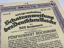 Load image into Gallery viewer, Original WW2 German Government Treasury Loan Bill 500 Reichmarks
