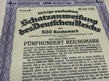 Load image into Gallery viewer, Original WW2 German Government Treasury Loan Bill 500 Reichmarks
