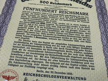 Load image into Gallery viewer, Original WW2 German Government Treasury Loan Bill 500 Reichmarks
