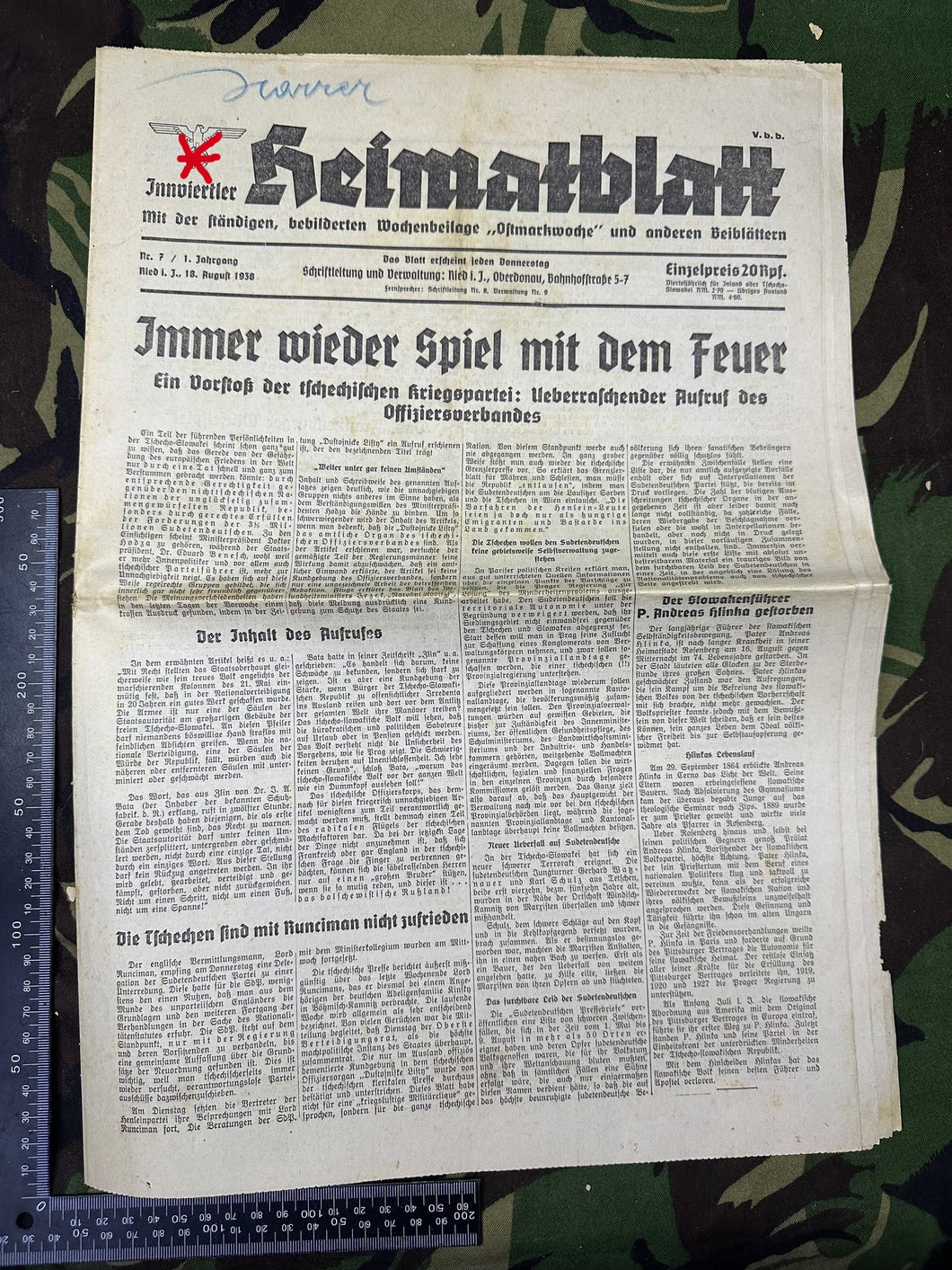 Original WW2 German Party Heimatblatt Political Newspaper - 18th August 1938