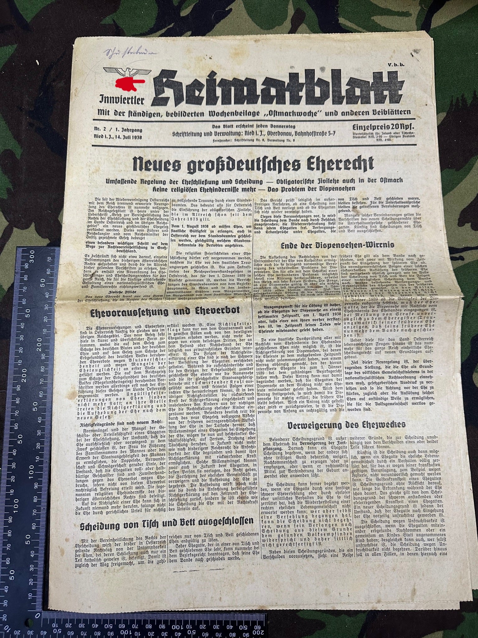 Original WW2 German Party Heimatblatt Political Newspaper - 14th July 1938 - The Militaria Shop