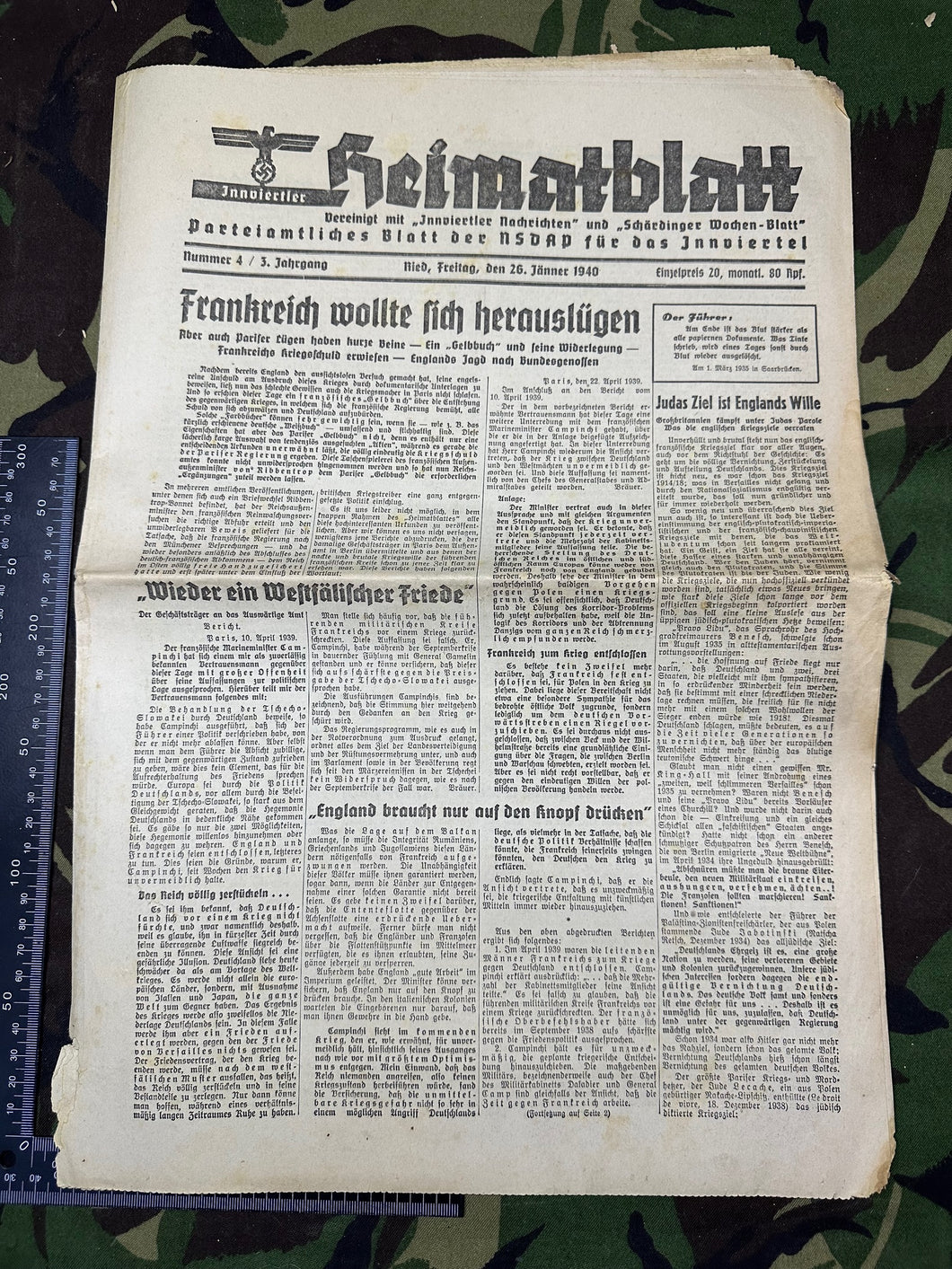 Original WW2 German Nazi Party Heimatblatt Political Newspaper - 26th January 1940