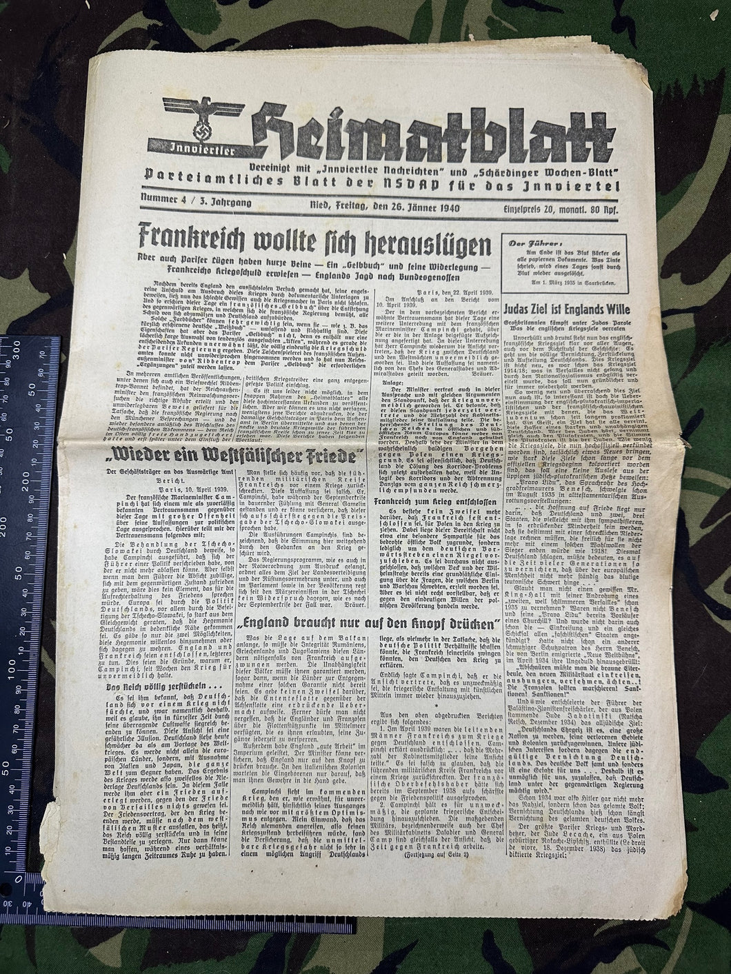 Original WW2 German Party Heimatblatt Political Newspaper - 26th January 1940 - The Militaria Shop