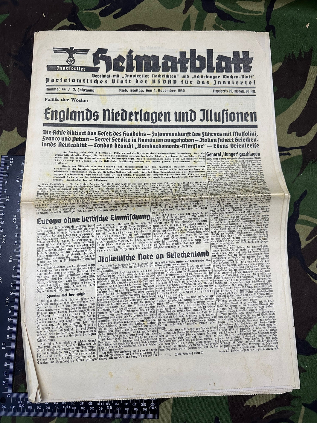 Original WW2 German Nazi Party Heimatblatt Political Newspaper - 1st November 1940
