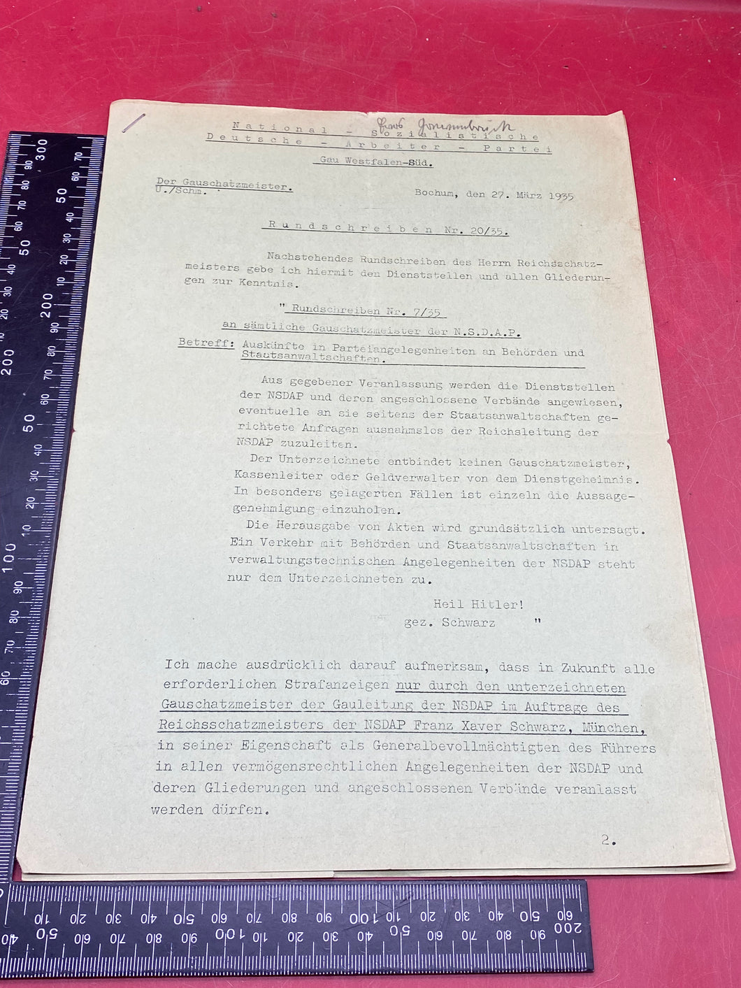 A 2 Page WW2 German NSDAP Document Dated 1935. With Stamp etc.