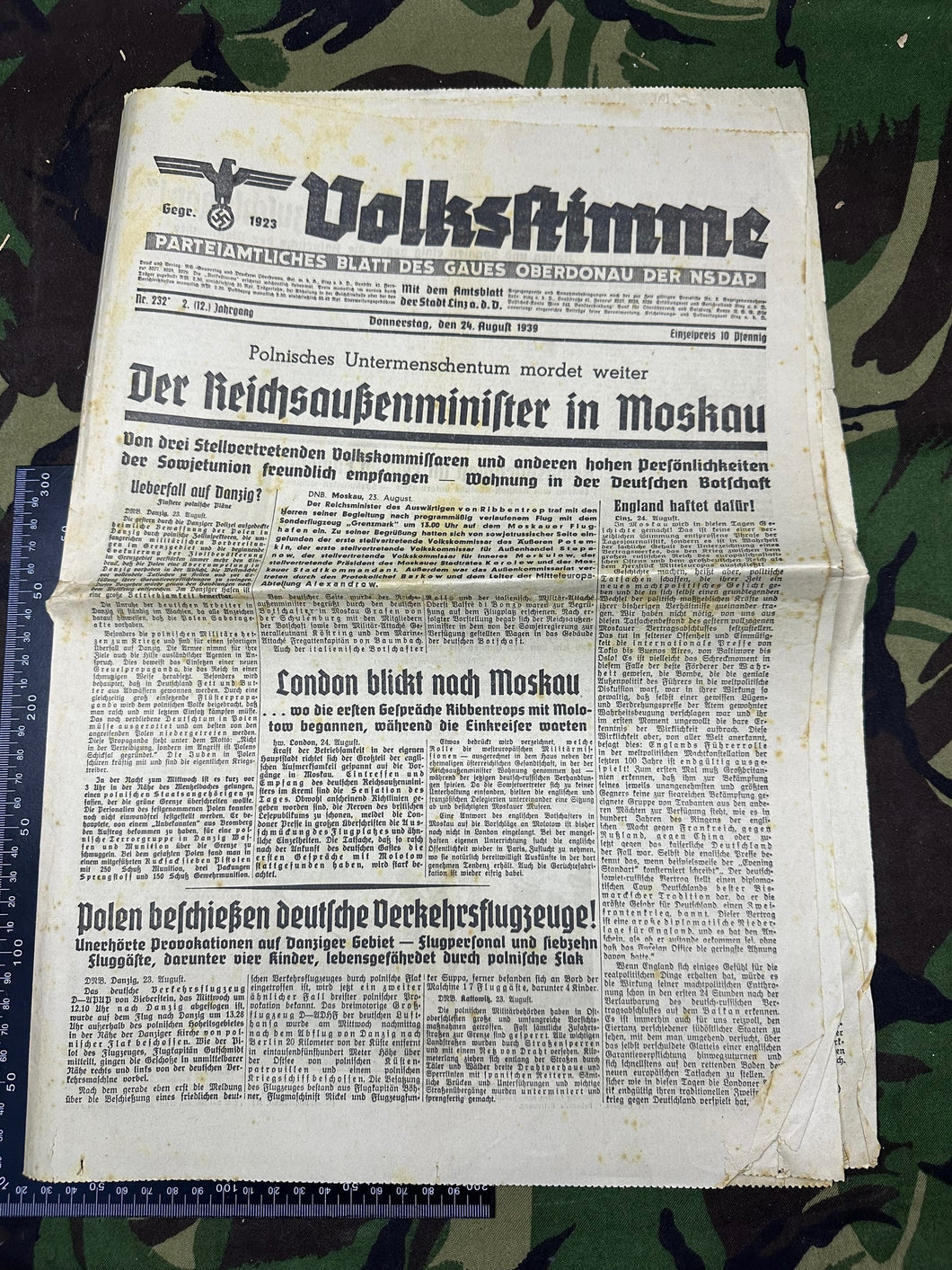 Original WW2 German NSDAP VOLKSSTIMME Political Newspaper - 24th August 1939