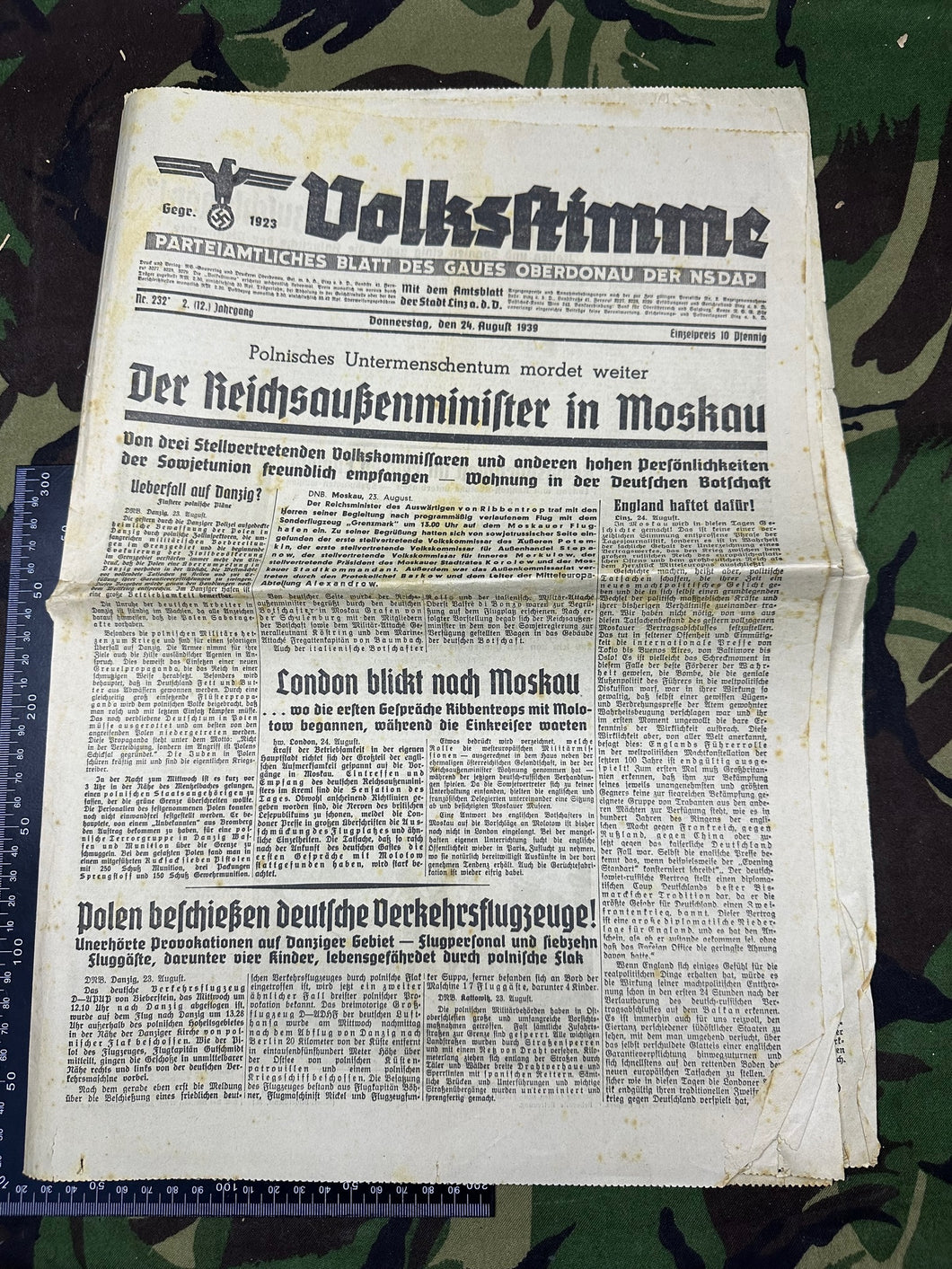 Original WW2 German NSDAP VOLKSSTIMME Political Newspaper - 24th August 1939 - The Militaria Shop