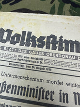 Load image into Gallery viewer, Original WW2 German NSDAP VOLKSSTIMME Political Newspaper - 24th August 1939
