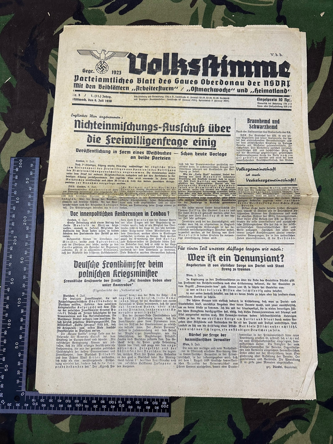 Original WW2 German NSDAP VOLKSSTIMME Political Newspaper - 6th July 1938