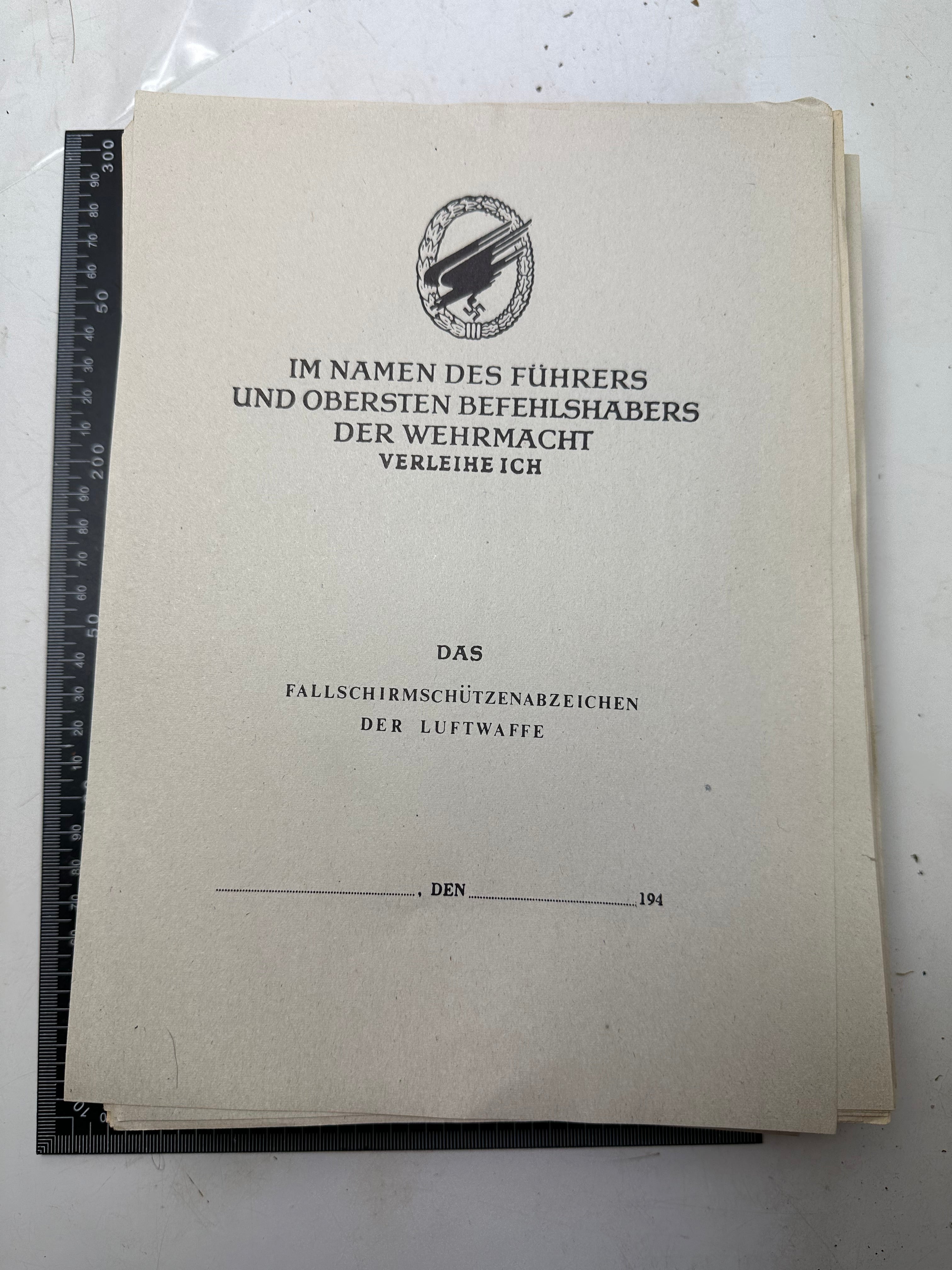 WW2 German Luftwaffe Parachute Award Certificate Reproduction - The Militaria Shop