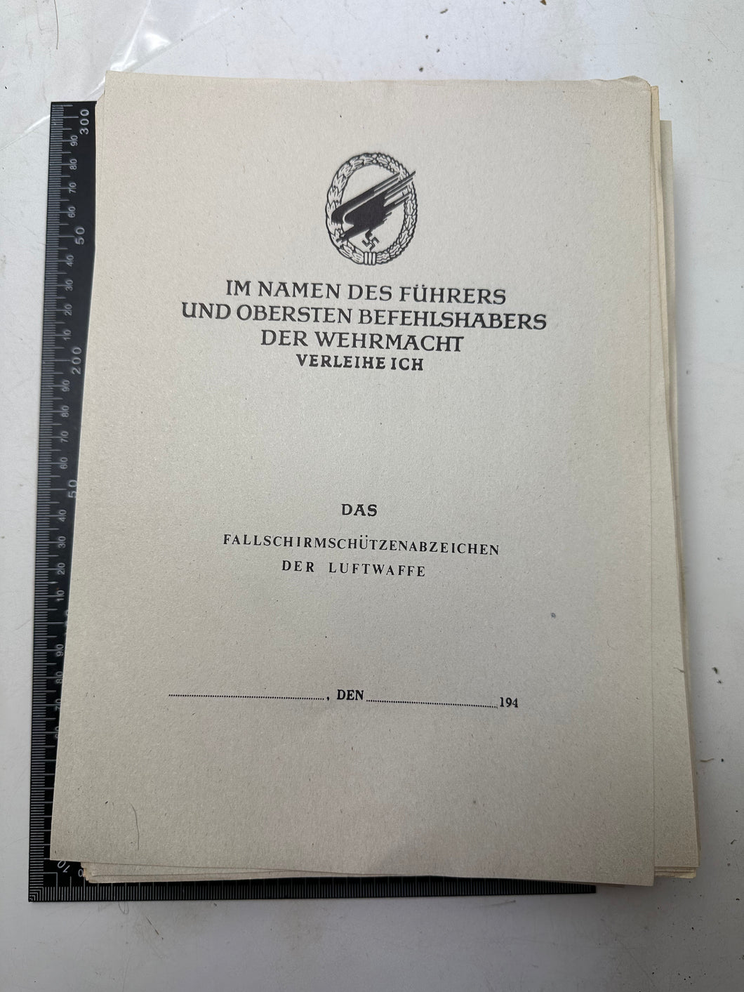 WW2 German Luftwaffe Parachute Award Certificate Reproduction