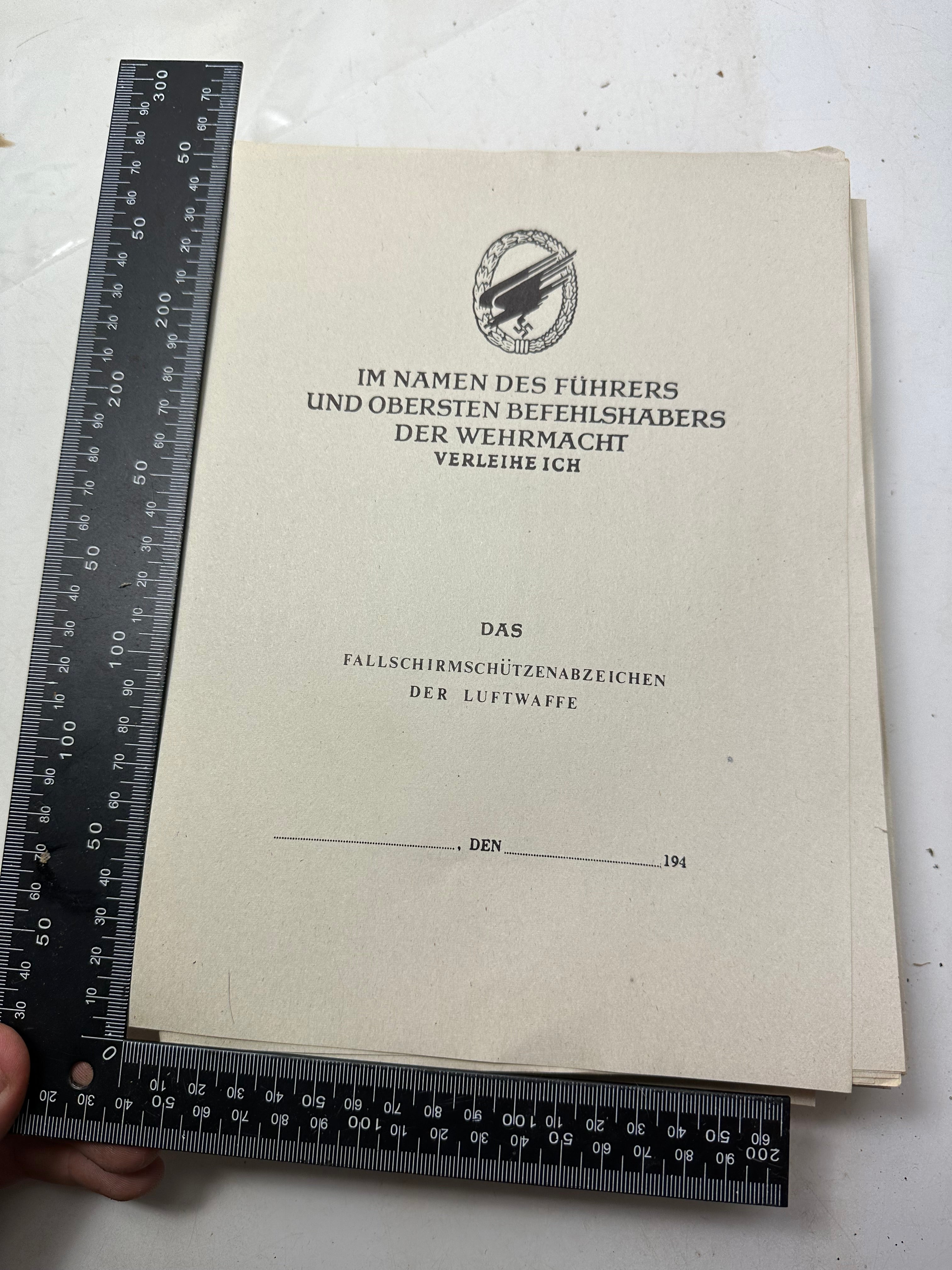 WW2 German Luftwaffe Parachute Award Certificate Reproduction - The Militaria Shop