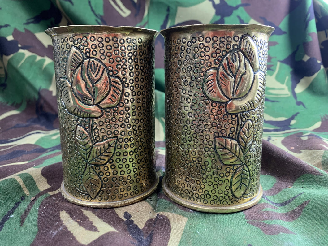Original WW1 Trench Art Shell Case Vase Pair - Roses