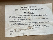 Load image into Gallery viewer, Original British Civilian Gas Mask in Cardboard Carrying Box with Belfast Label

