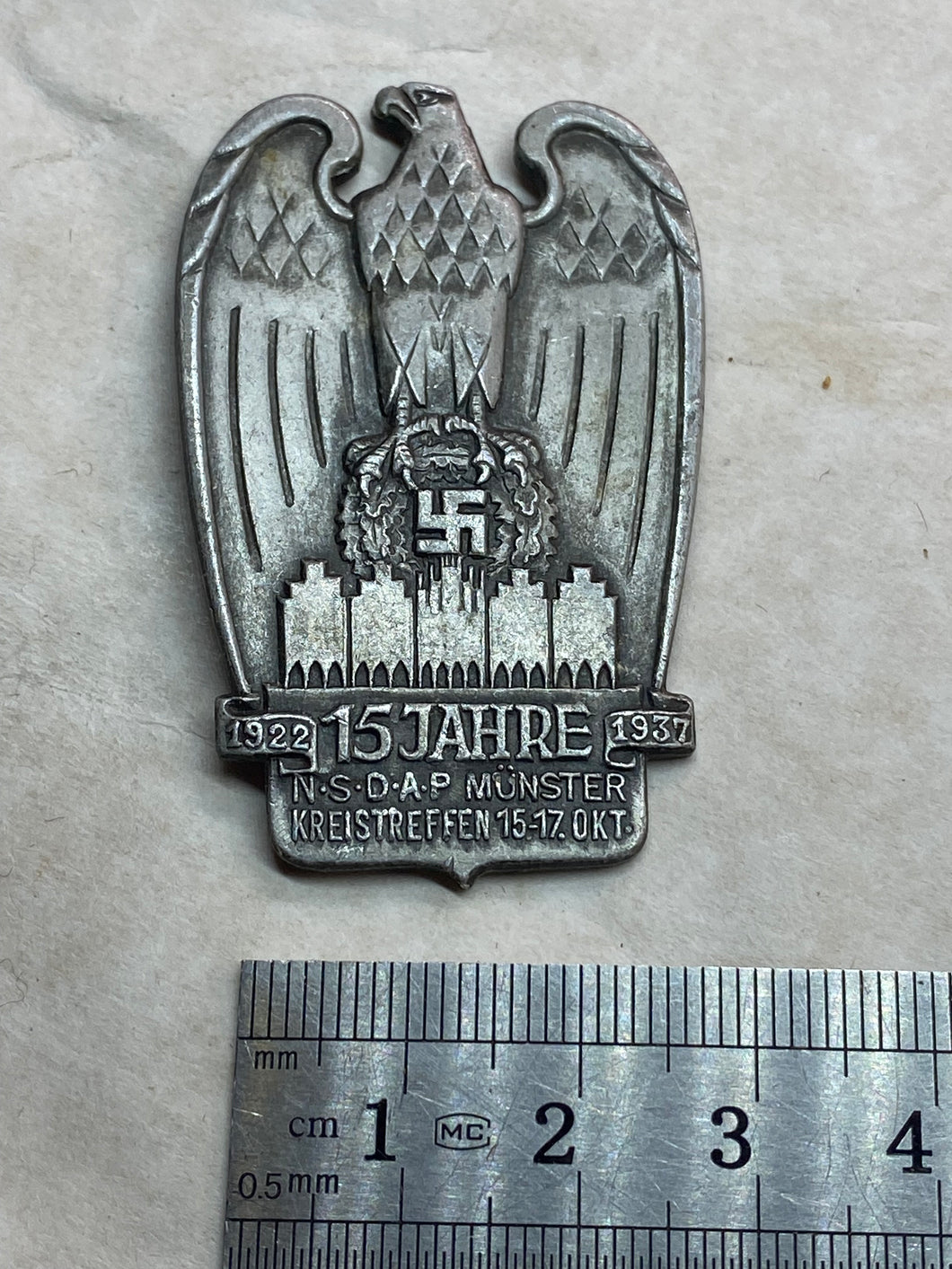 Original WWII German NSDAP 1937 Münster 15th Anniversary Badge