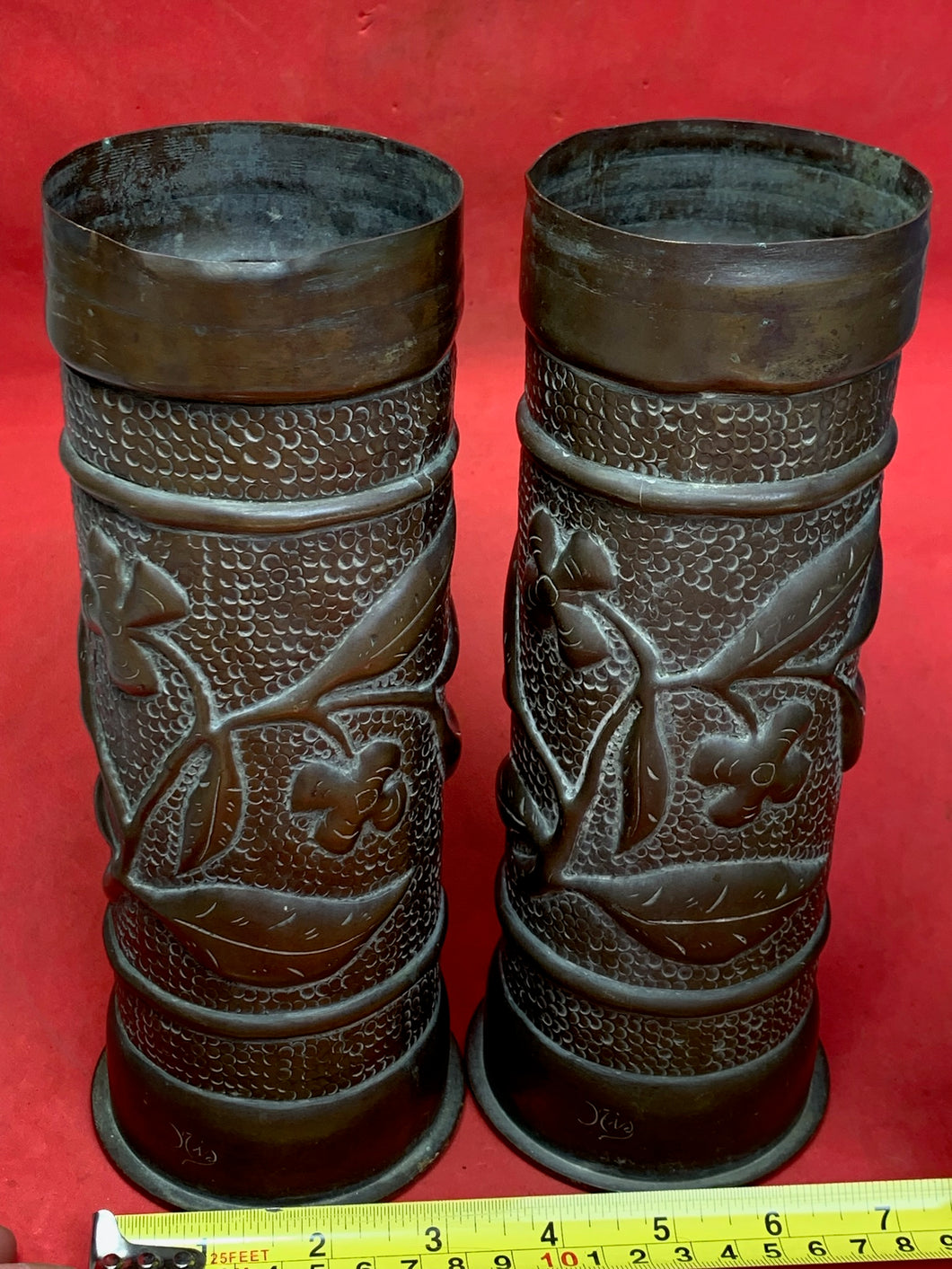 Original WW1 Trench Art Shell Case Brass Vase Pair - Signed by Artist