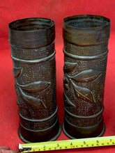 Load image into Gallery viewer, Original WW1 Trench Art Shell Case Brass Vase Pair - Signed by Artist
