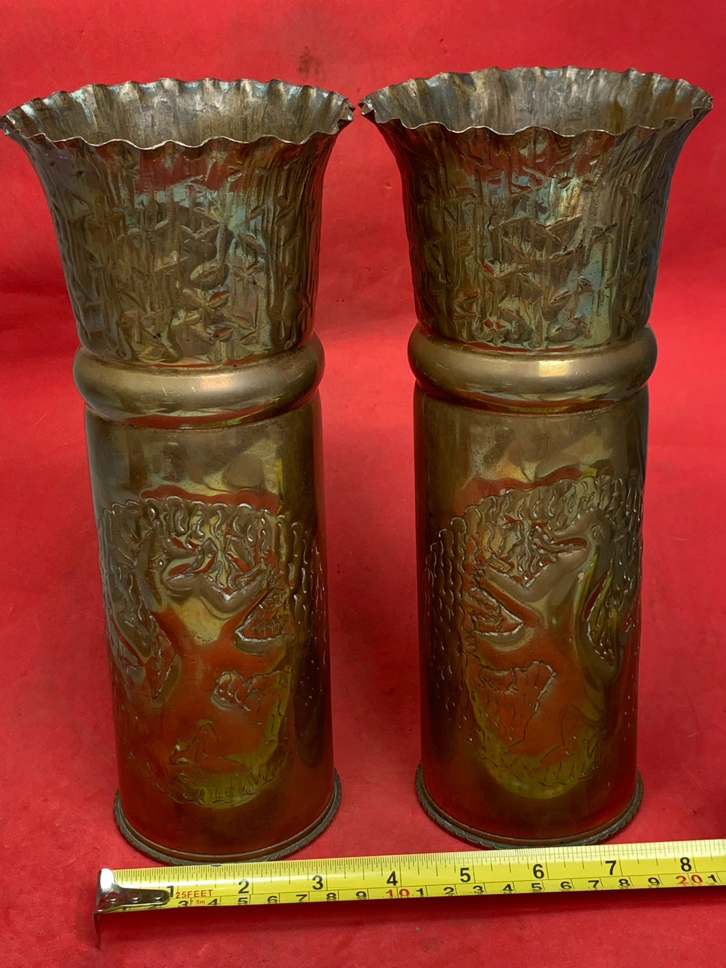 Original WW1 Trench Art Shell Case Brass Vase Pair