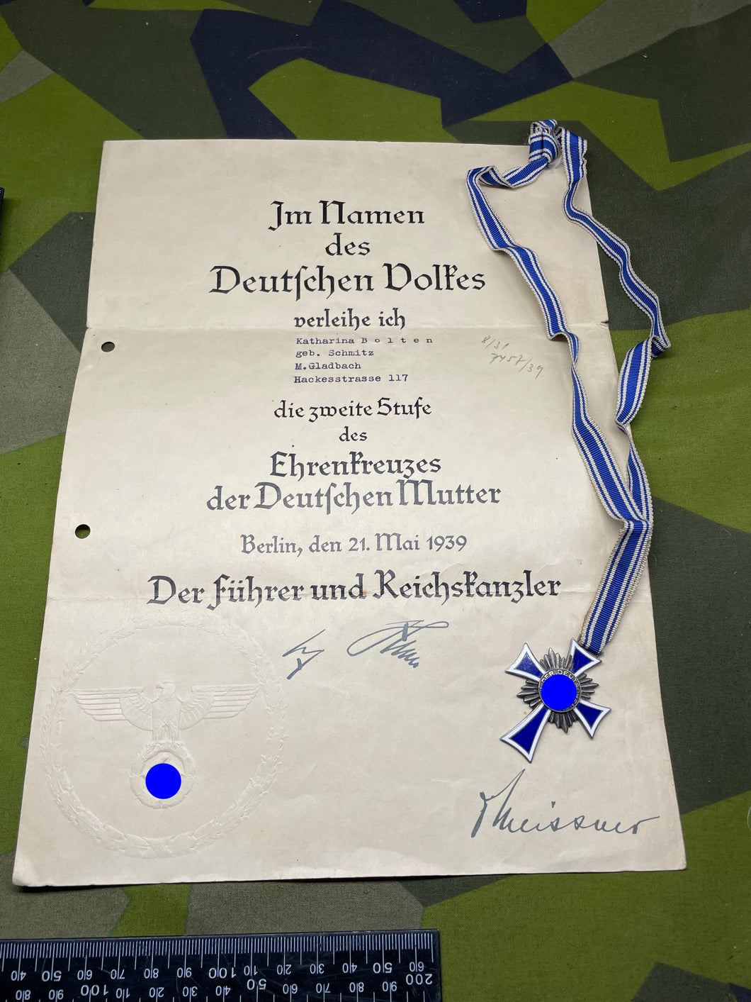 Original WW2 German Mother's Cross in Silver with Certificate - Adolf Hitler Signature