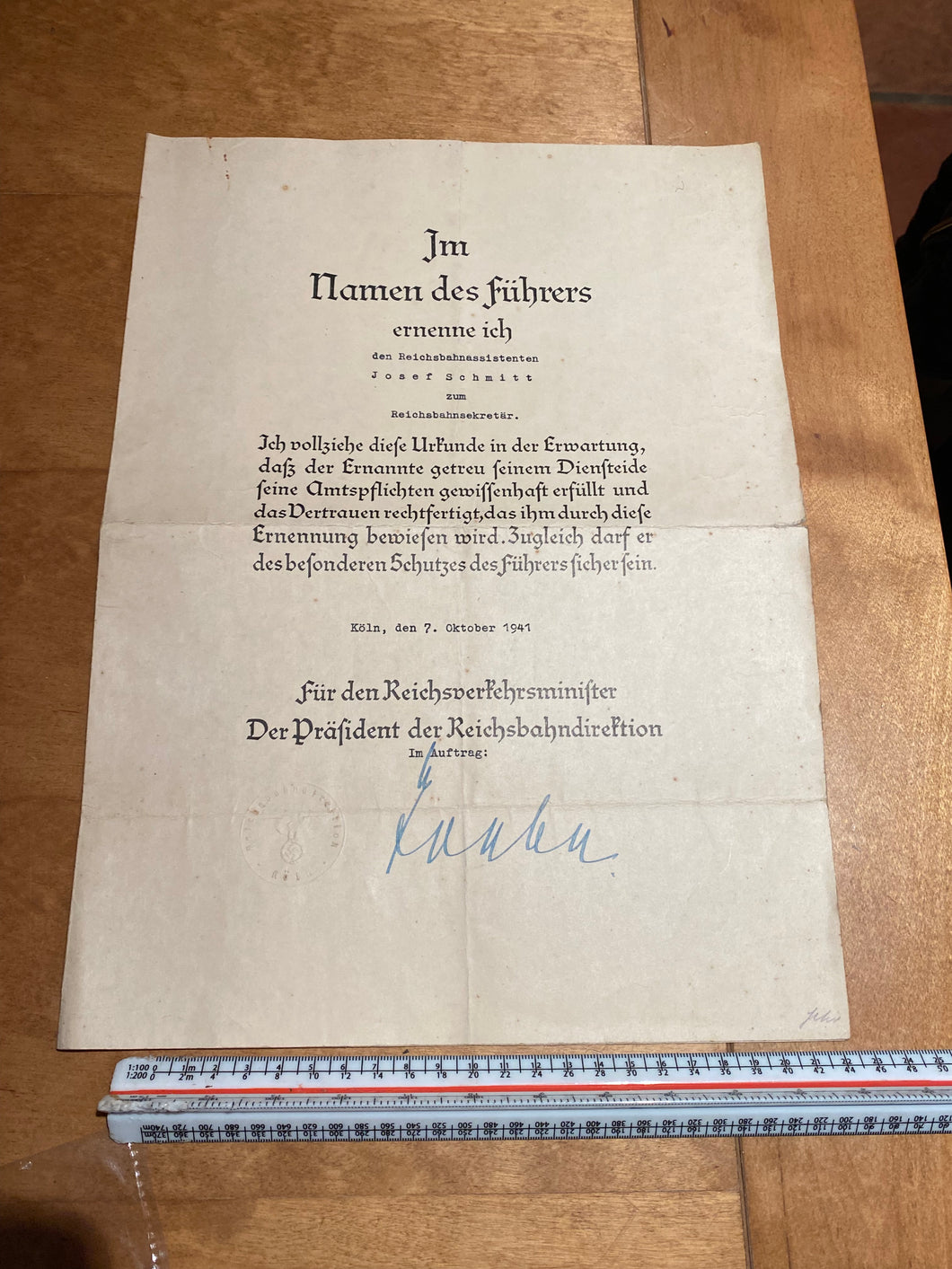 Original WW2 German Railway Award Certificate issued to a Railway Assistant.