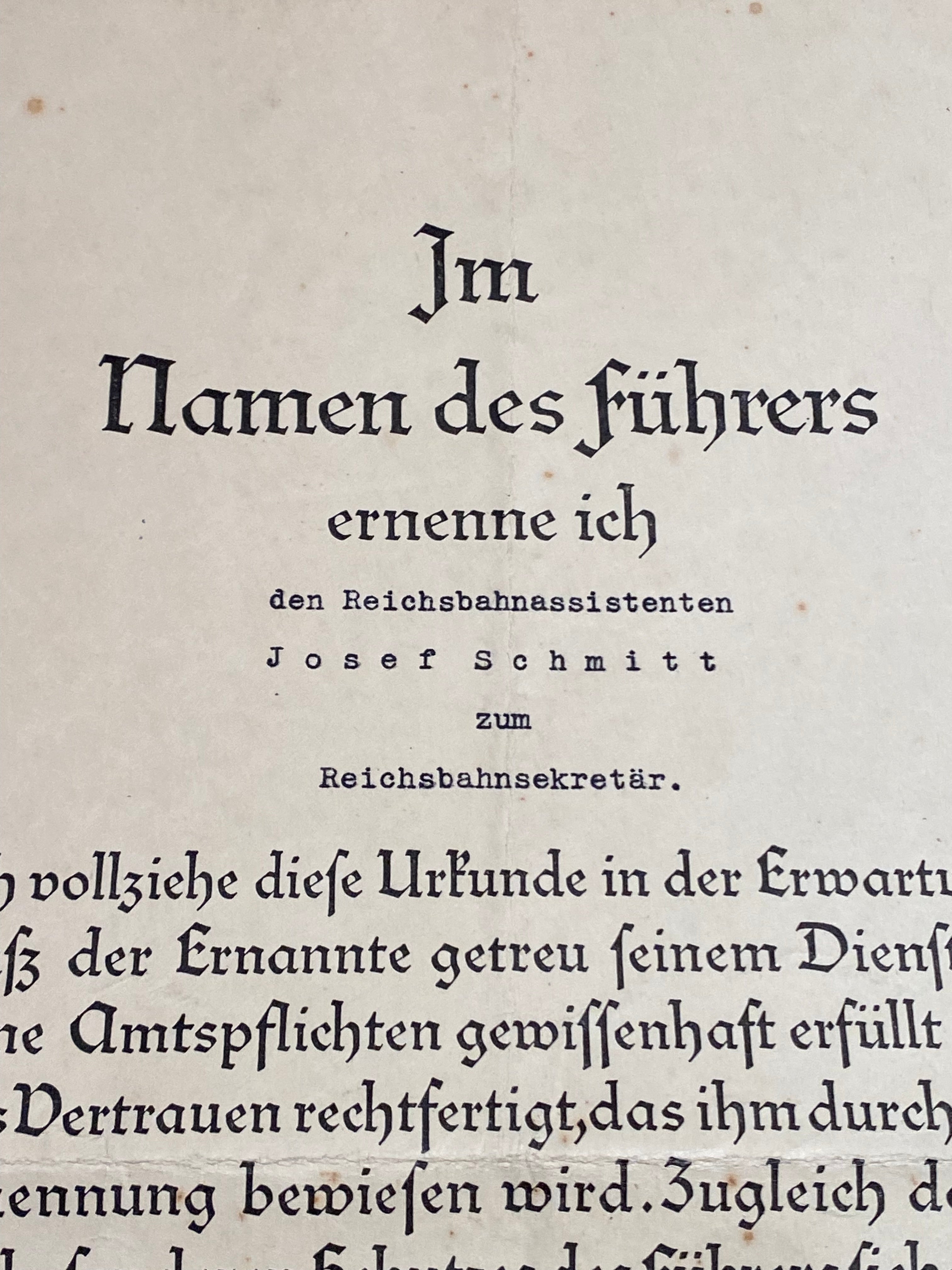 Original WW2 German Railway Award Certificate issued to a Railway Assistant. - The Militaria Shop