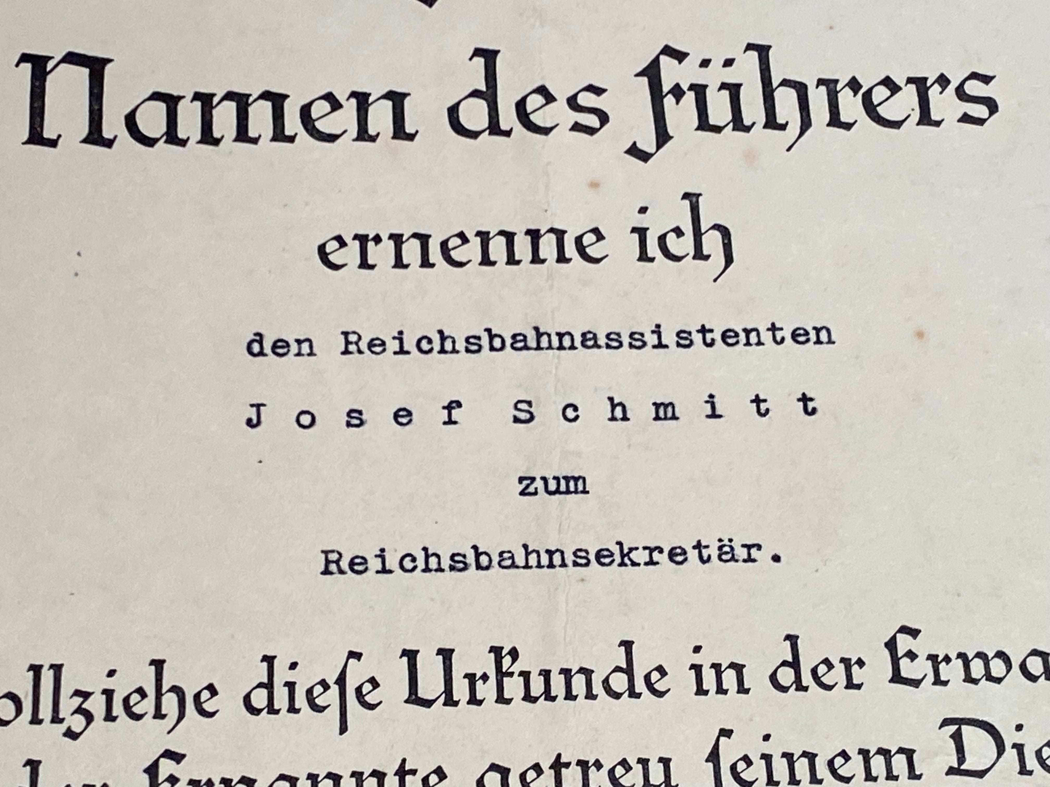 Original WW2 German Railway Award Certificate issued to a Railway Assistant. - The Militaria Shop