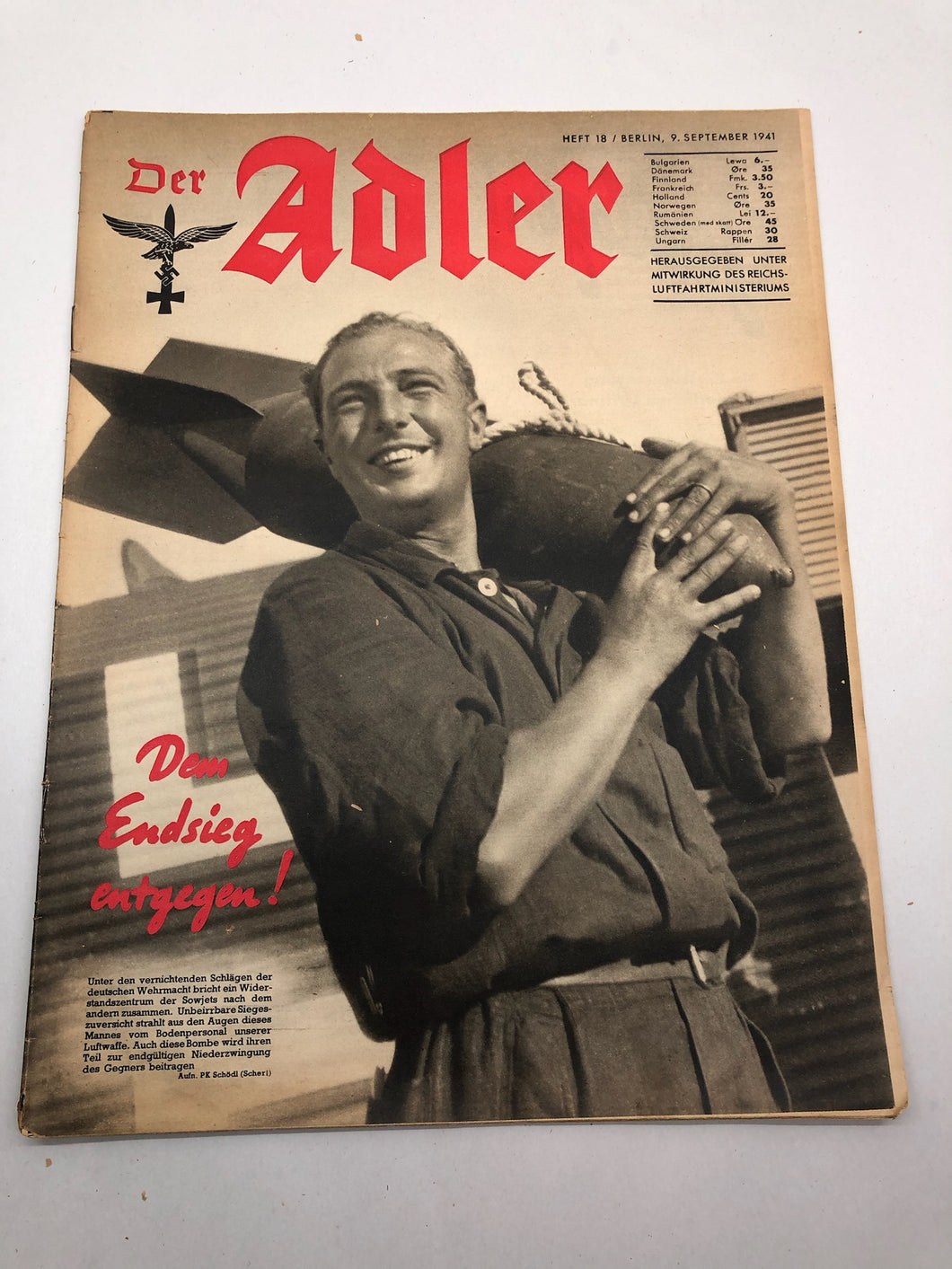 Original WW2 German Luftwaffe Der Adler Propaganda Magazine - 9th September 1941