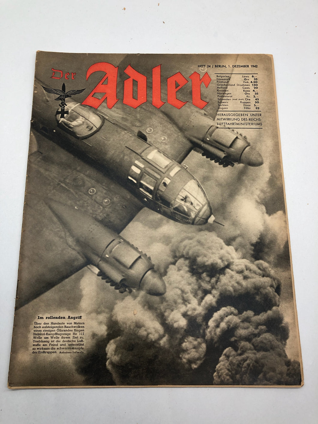 Original WW2 German Luftwaffe Der Adler Propaganda Magazine - 1st December 1941
