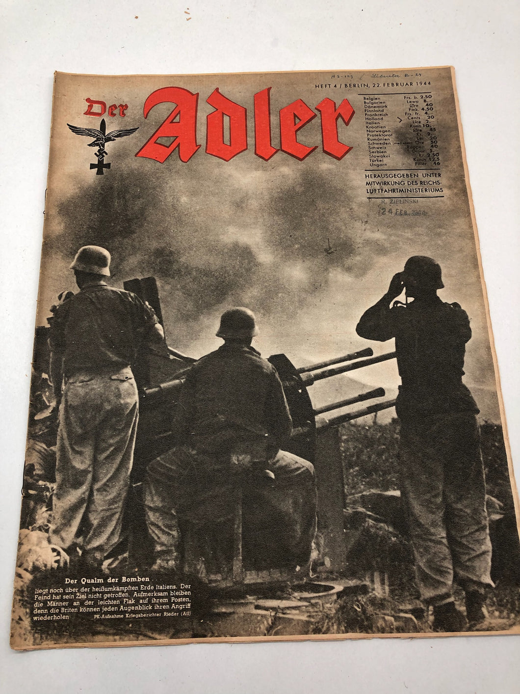 Original WW2 German Luftwaffe Der Adler Propaganda Magazine - 22nd February 1944