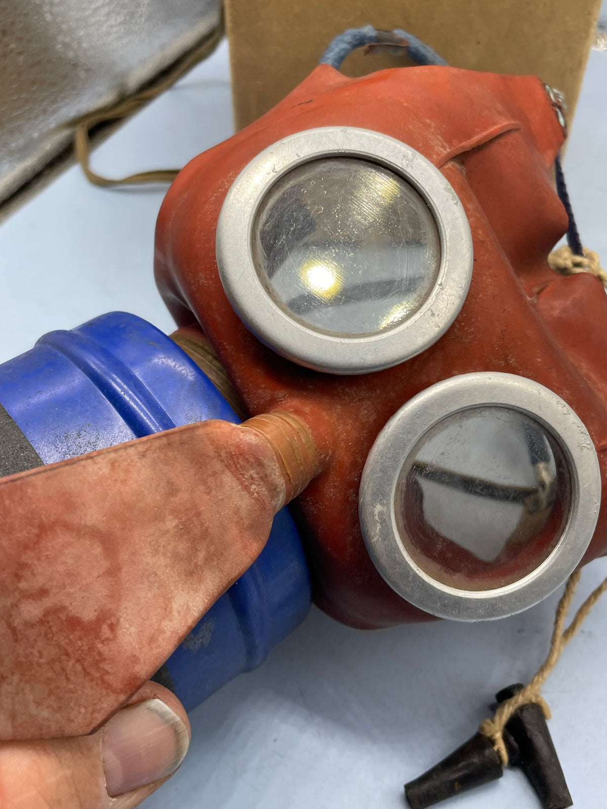 Original WW2 British Home Front Childs Mickey Mouse Gas Mask in original cardboard box with Earplugs - The Militaria Shop