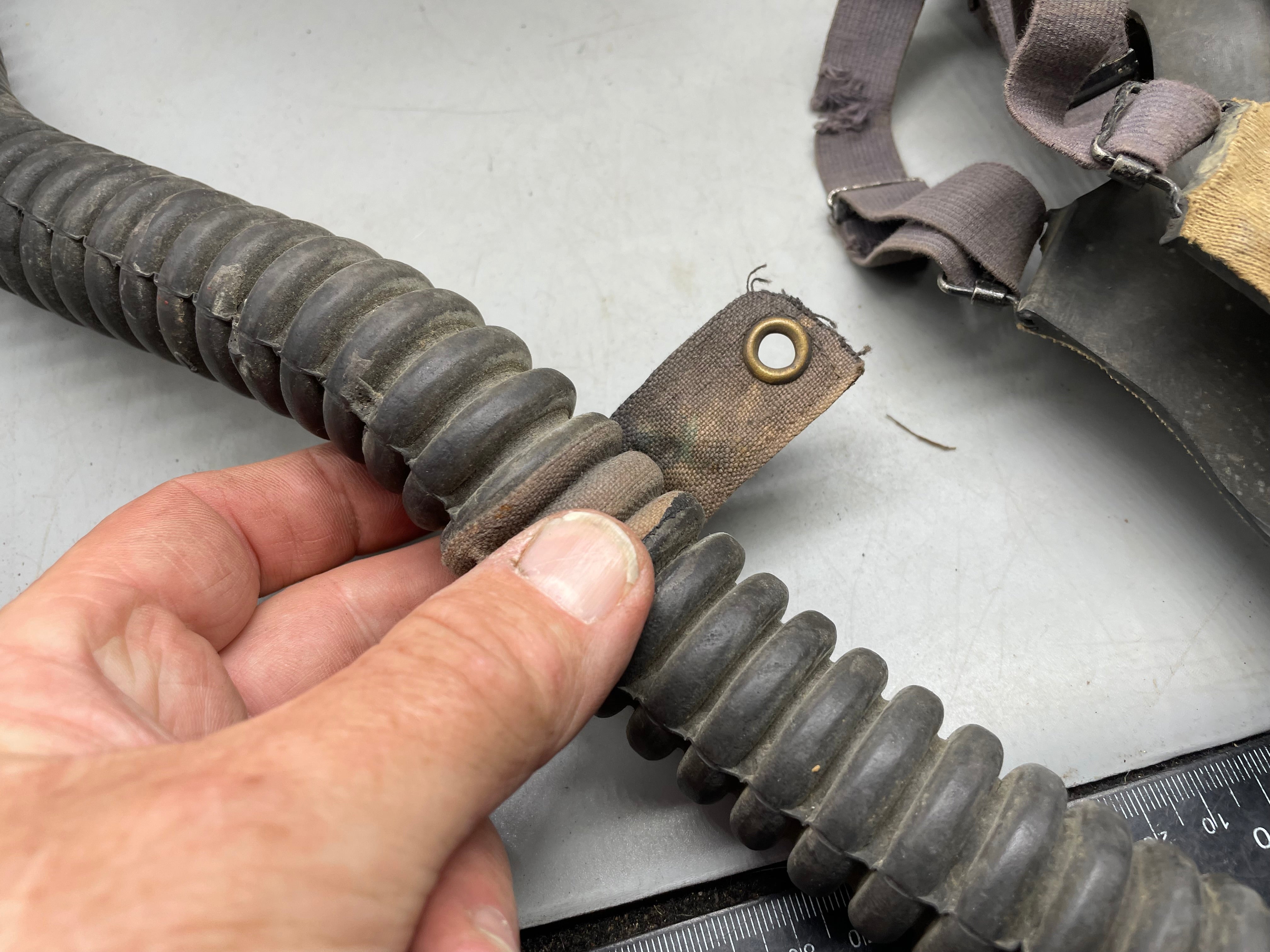 Original WW2 British Army Soldier's T-Mic Long Hose Gas Mask & Dog Tag RNVR - The Militaria Shop