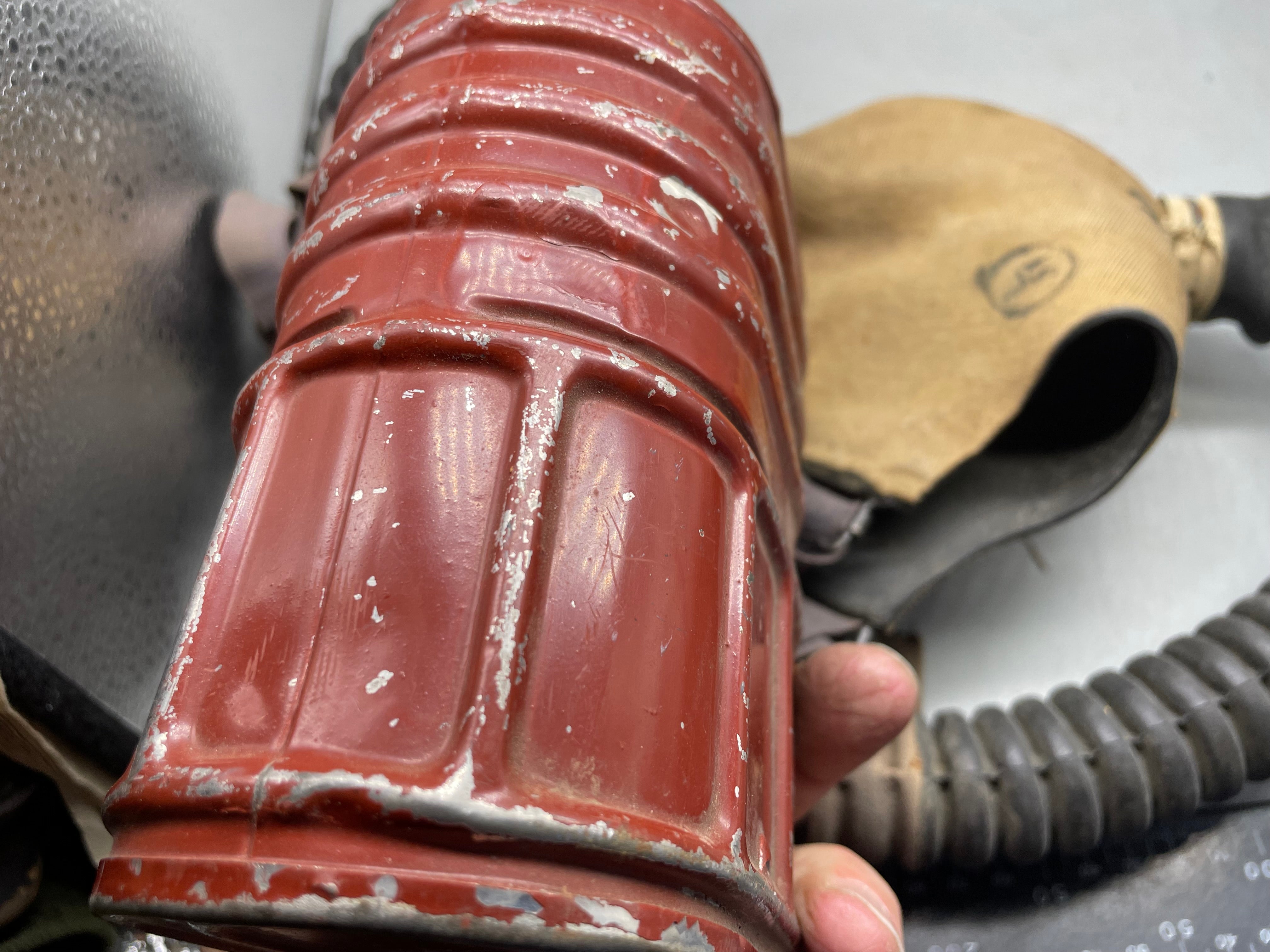 Original WW2 British Army Soldier's T-Mic Long Hose Gas Mask & Dog Tag RNVR - The Militaria Shop