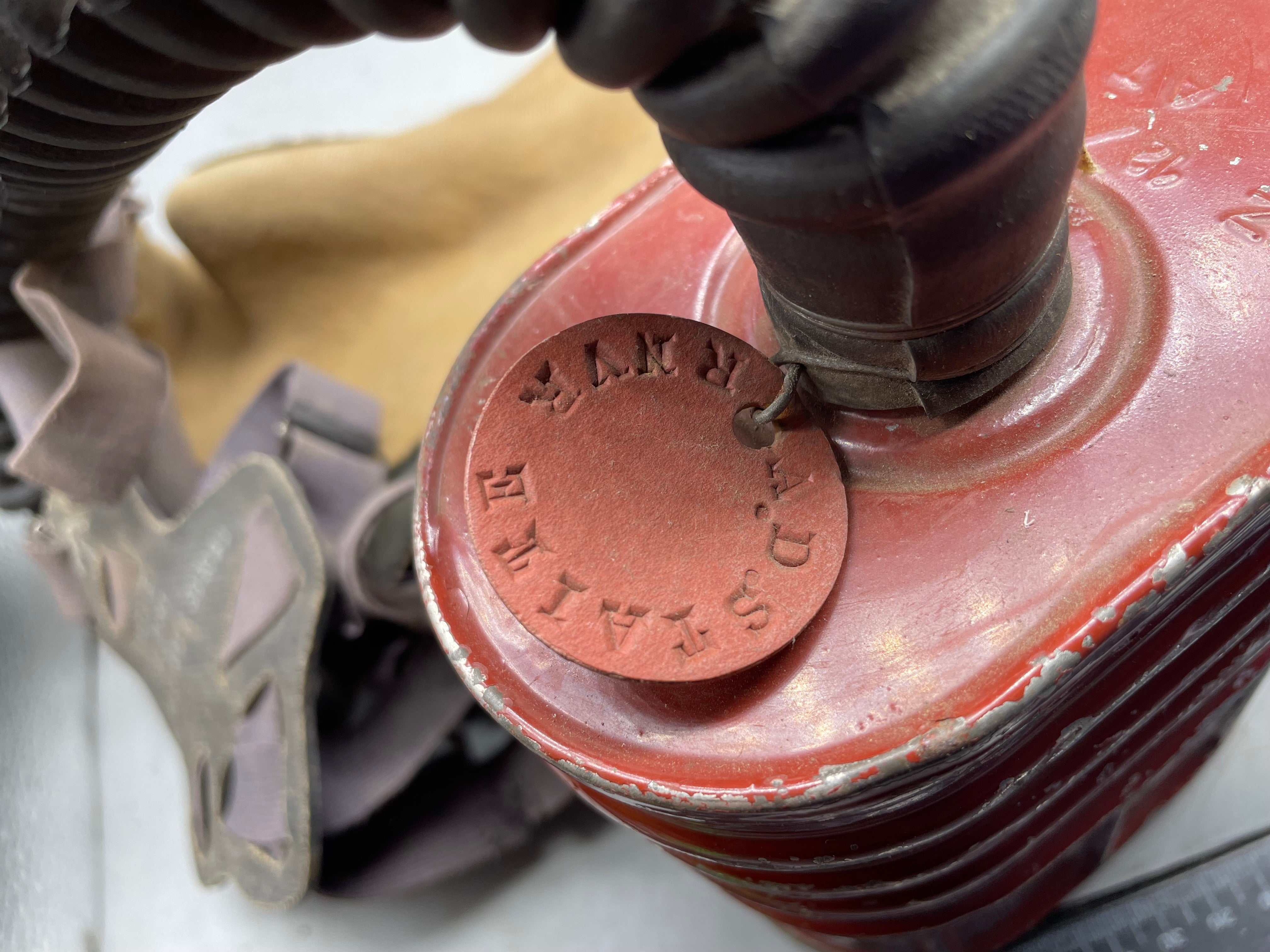 Original WW2 British Army Soldier's T-Mic Long Hose Gas Mask & Dog Tag RNVR - The Militaria Shop