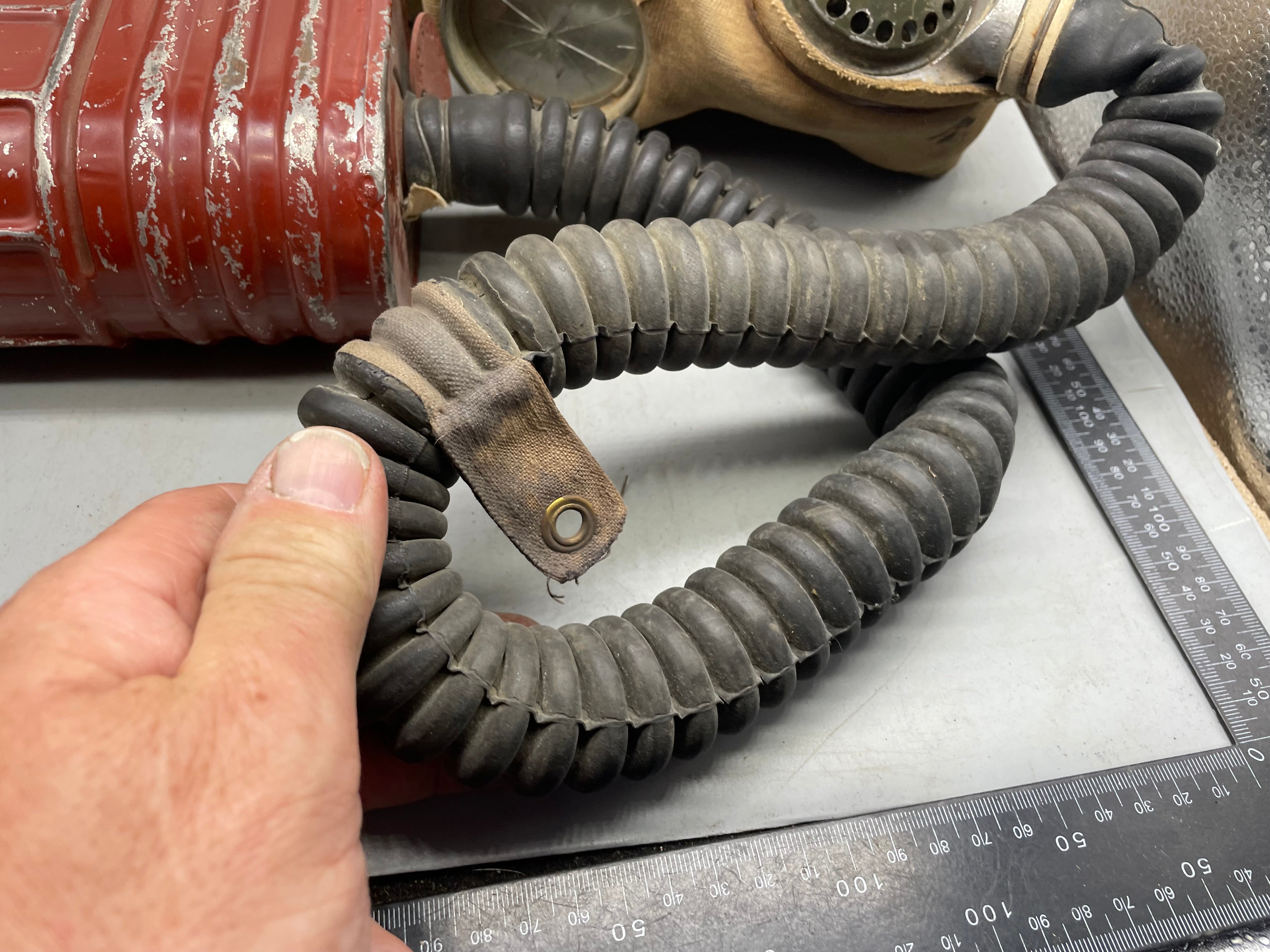 Original WW2 British Army Soldier's T-Mic Long Hose Gas Mask & Dog Tag RNVR - The Militaria Shop