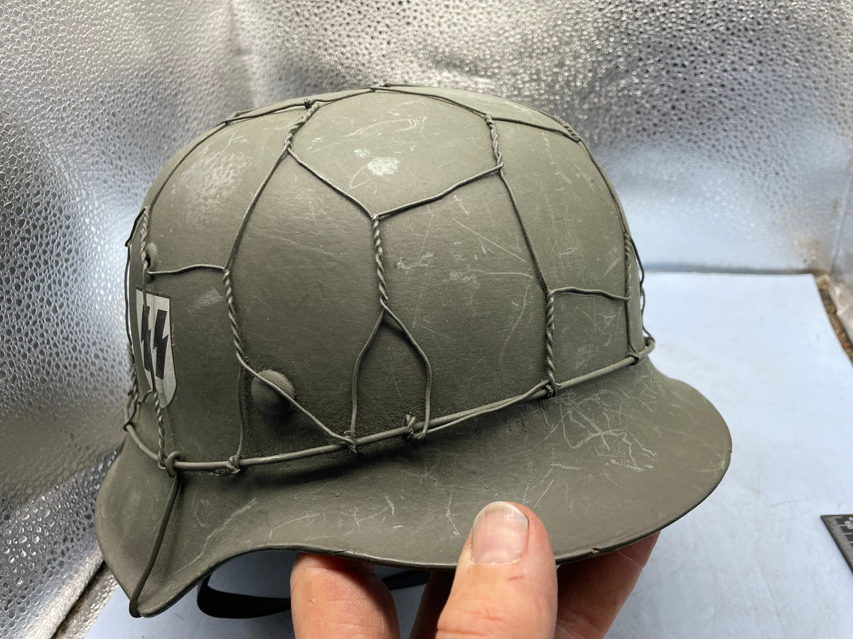 Reproduction WW2 German Double Decal SS Helmet with Chicken Wire - Size 68cm - The Militaria Shop
